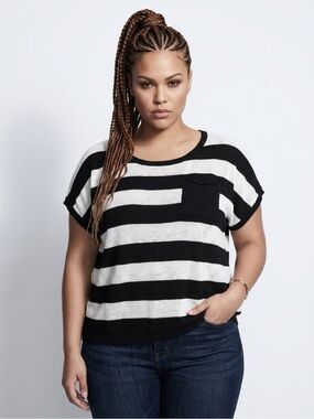 Jones New York Black White Striped Short Sleeve Open Knit Sweater 3X